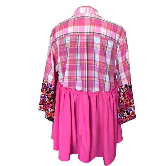 Handmade Upcycled Boho Tunic, Size Large: Pink Ruffled Patchwork Top - Picture 3 of 13